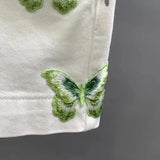 whimsical White High Waist Denim Shorts with Green Butterfly Embroidery & Belt