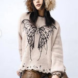 Y2K LONG SLEEVE KHAKI Butterfly Graphic Sweater