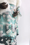 Green Butterfly Print Furisode Kimono for Women