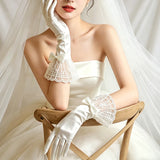 charming Women's White Satin Wedding Gloves with Vintage Lace & Butterfly