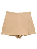 khaki High Waist Skort with Asymmetrical Wrap & Side Zipper by Butterfly Kingdom