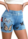 High Waist Booty Lifting Denim Print Leggings with Butterfly Pattern