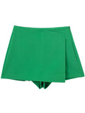 green High Waist Skort with Asymmetrical Wrap & Side Zipper by Butterfly Kingdom