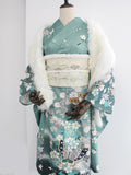 VINTAGE Green Butterfly Print Furisode Kimono for Women