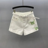 classical White High Waist Denim Shorts with Green Butterfly Embroidery & Belt