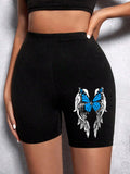 BLUE High Waist Butterfly Print Leggings Shorts