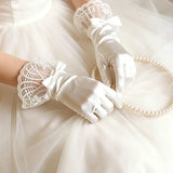 whimsical Women's White Satin Wedding Gloves with Vintage Lace & Butterfly
