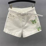 CUTE White High Waist Denim Shorts with Green Butterfly Embroidery & Belt