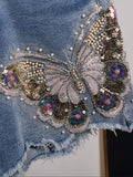 WHIMSICAL High Waist Denim Shorts with Beaded Blue Butterfly Embroidery