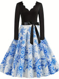 BLUE Christmas Print Butterfly Knot Dress
