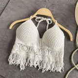 white Butterfly Embroidered Fringe Halter Tank Top