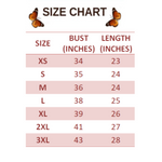 SIZE CHART FOR TURQUOISE BUTTERFLY T SHIRT