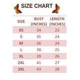 SIZE CHART FOR TURQUOISE BUTTERFLY T SHIRT