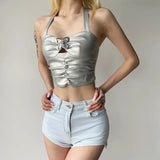 gray Women’s Silver Faux Leather Butterfly Buckle Halter Crop Top