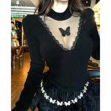 BLACK Women’s Lace Patchwork Butterfly Sweater