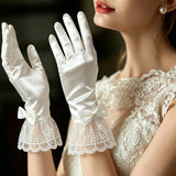 boho Women's White Satin Wedding Gloves with Vintage Lace & Butterfly