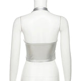 fantasy Women’s Silver Faux Leather Butterfly Buckle Halter Crop Top