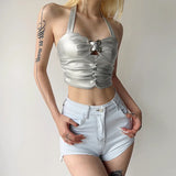cute Women’s Silver Faux Leather Butterfly Buckle Halter Crop Top