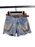 High Waist Denim Shorts with Beaded Blue Butterfly Embroidery