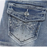 CUTE LIGHT BLUE Women's Y2K Low Rise Denim Shorts with Rhinestone Butterfly Embroidery