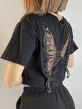 vintage Black Hollow Lace Butterfly Crop Top