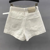 boho White High Waist Denim Shorts with Green Butterfly Embroidery & Belt