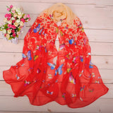 red Women’s Colorful Butterfly Print Chiffon Long Scarf
