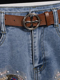 TRENDY High Waist Denim Shorts with Beaded Blue Butterfly Embroidery