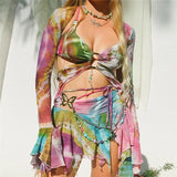 green Butterfly Crop Top Skirt set