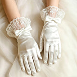 Women's White Satin Wedding Gloves with Vintage Lace & Butterfly