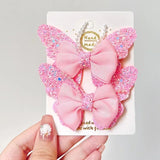 PINK Glitter Butterfly Bow Hair Clips for Girls
