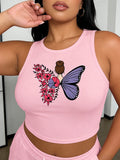pink Women’s Plus Size Butterfly Fairy Print Tank Top