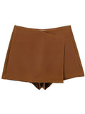 brown High Waist Skort with Asymmetrical Wrap & Side Zipper by Butterfly Kingdom