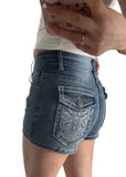 Women's Y2K Low Rise Denim Shorts with Rhinestone Butterfly Embroidery