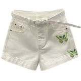 White High Waist Denim Shorts with Green Butterfly Embroidery & Belt