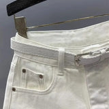 fashion White High Waist Denim Shorts with Green Butterfly Embroidery & Belt