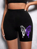 PURPLE High Waist Butterfly Print Leggings Shorts
