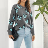 JACQUARD GRAY LONG SLEEVE Butterfly Crewneck Sweater