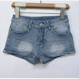 LIGHT BLUE Women's Y2K Low Rise Denim Shorts with Rhinestone Butterfly Embroidery