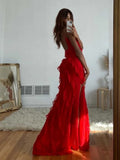 LONG RED butterfly ruffle dress