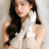 cute Women's White Satin Wedding Gloves with Vintage Lace & Butterfly