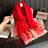 red Women’s Thin Silk Butterfly Embroidered Headscarf