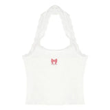 cute pink Women’s Y2K Butterfly Embroidered Lace Halter Crop Top