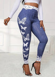 Women's Butterfly Lace Faux Denim Leggings