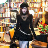 BLACK EMBROIDERED MESH Women’s Lace Patchwork Butterfly Sweater