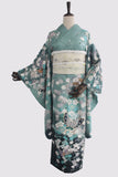 Green Butterfly Print Furisode Kimono for Women