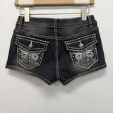 BLACK Women's Y2K Low Rise Denim Shorts with Rhinestone Butterfly Embroidery