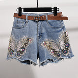 SEXY High Waist Denim Shorts with Beaded Blue Butterfly Embroidery