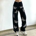 black and white butterfly baggy jeans with zipper