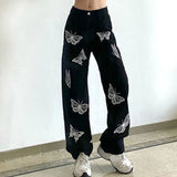black and white butterfly baggy jeans with zipper